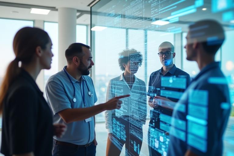 Team members collaborating around a digital dashboard